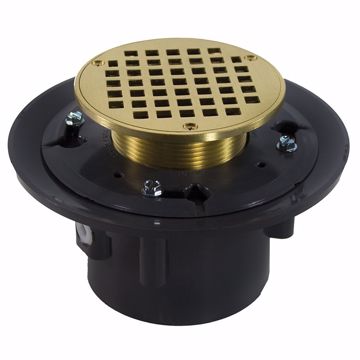 Picture of 4" Heavy Duty PVC Drain Base with 3-1/2" Metal Spud and 6" Polished Brass Strainer