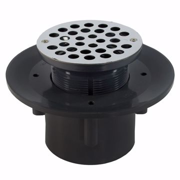 Picture of 2" x 3" Heavy Duty PVC Slab Drain Base with 3" Plastic Spud and 6" Stainless Steel Strainer