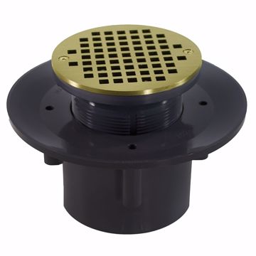 Picture of 2" x 3" Heavy Duty PVC Slab Drain Base with 3" Plastic Spud and 6" Polished Brass Strainer