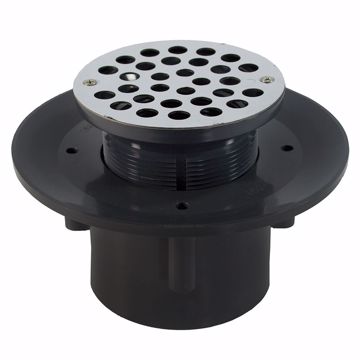 Picture of 2" x 3" Heavy Duty PVC Slab Drain Base with 3-1/2" Plastic Spud and 5" Stainless Steel Strainer