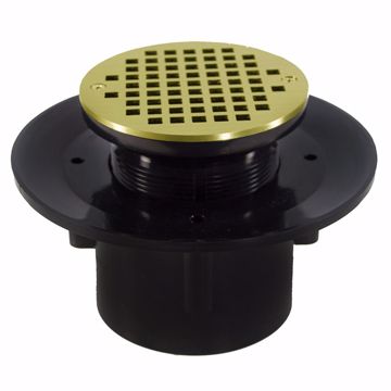 Picture of 2" x 3" Heavy Duty ABS Slab Drain Base with 3-1/2" Plastic Spud and 5" Polished Brass Strainer