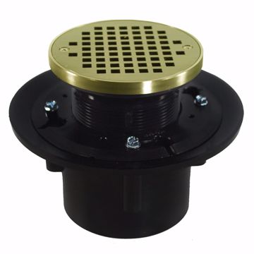 Picture of 2" x 3" Heavy Duty ABS Slab Drain Base with 3-1/2" Plastic Spud and 5" Polished Brass Strainer with Ring