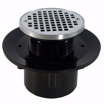 Picture of 2" x 3" Heavy Duty ABS Slab Drain Base with 3-1/2" Plastic Spud and 5" Chrome Plated Strainer with Ring