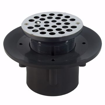 Picture of 2" x 3" Heavy Duty PVC Slab Drain Base with 3-1/2" Plastic Spud and 6" Stainless Steel Strainer