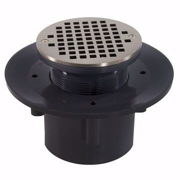 Picture of 2" x 3" Heavy Duty PVC Slab Drain Base with 3-1/2" Plastic Spud and 6" Nickel Bronze Strainer