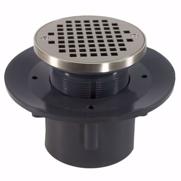 Picture of 2" x 3" Heavy Duty PVC Slab Drain Base with 3-1/2" Plastic Spud and 6" Nickel Bronze Strainer with Ring