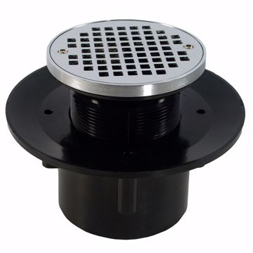 Picture of 2" x 3" Heavy Duty ABS Slab Drain Base with 3-1/2" Plastic Spud and 6" Chrome Plated Strainer with Ring