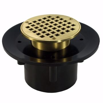 Picture of 2" x 3" Heavy Duty ABS Slab Drain Base with 3-1/2" Metal Spud and 5" Polished Brass Strainer