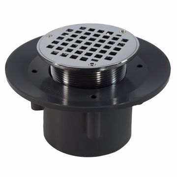 Picture of 2" x 3" Heavy Duty PVC Slab Drain Base with 3-1/2" Metal Spud and 5" Chrome Plated Strainer