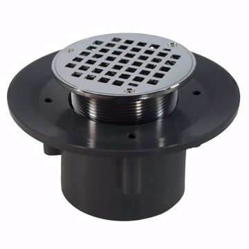 Picture of 2" x 3" Heavy Duty PVC Slab Drain Base with 3-1/2" Metal Spud and 6" Chrome Plated Strainer