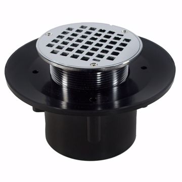 Picture of 2" x 3" Heavy Duty ABS Slab Drain Base with 3-1/2" Metal Spud and 6" Chrome Plated Strainer