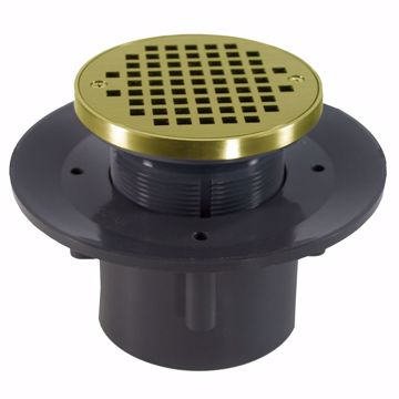 Picture of 2" x 3" Heavy Duty PVC Slab Drain Base with 4" Plastic Spud and 6" Polished Brass Strainer with Ring