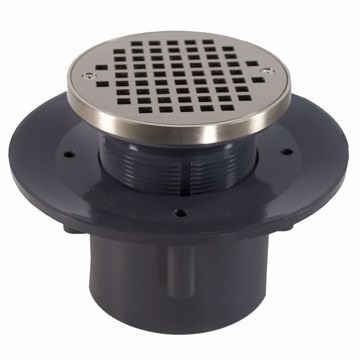 Picture of 2" x 3" Heavy Duty PVC Slab Drain Base with 4" Plastic Spud and 6" Nickel Bronze Strainer with Ring