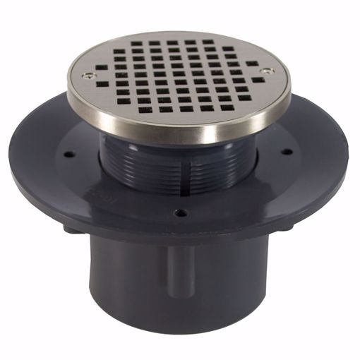 Picture of 3" x 4" Heavy Duty PVC Slab Drain Base with 3-1/2" Plastic Spud and 5" Nickel Bronze Strainer with Ring