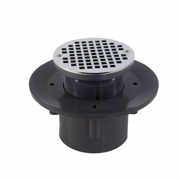 Picture of 3" x 4" Heavy Duty PVC Slab Drain Base with 3-1/2" Plastic Spud and 5" Chrome Plated Strainer with Ring