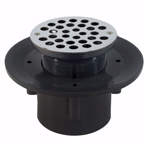 Picture of 3" x 4" Heavy Duty PVC Slab Drain Base with 3-1/2" Plastic Spud and 6" Stainless Steel Strainer