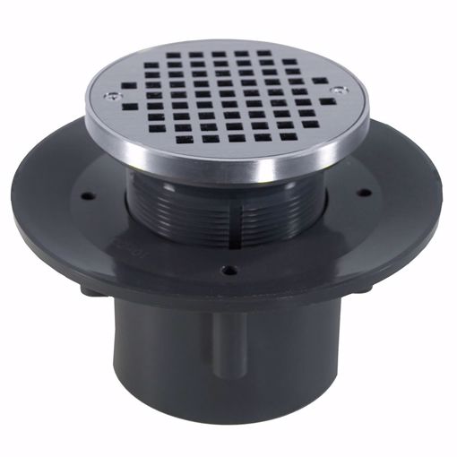 Picture of 3" x 4" Heavy Duty PVC Slab Drain Base with 3-1/2" Plastic Spud and 6" Chrome Plated Strainer with Ring