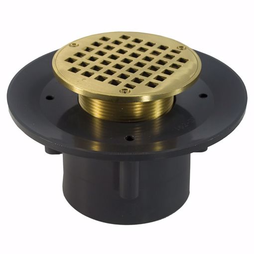 Picture of 3" x 4" Heavy Duty PVC Slab Drain Base with 3-1/2" Metal Spud and 4" Polished Brass Strainer