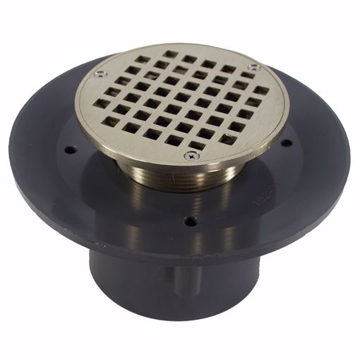 Picture of 3" x 4" Heavy Duty PVC Slab Drain Base with 3-1/2" Metal Spud and 5" Nickel Bronze Strainer