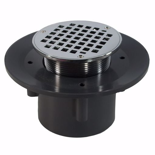 Picture of 3" x 4" Heavy Duty PVC Slab Drain Base with 3-1/2" Metal Spud and 5" Chrome Plated Strainer