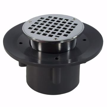 Picture of 3" x 4" Heavy Duty PVC Slab Drain Base with 3-1/2" Metal Spud and 6" Chrome Plated Strainer
