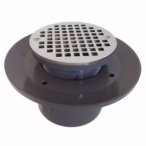 Picture of 3" x 4" Heavy Duty PVC Slab Drain Base with 4" Plastic Spud and 6" Chrome Plated Strainer