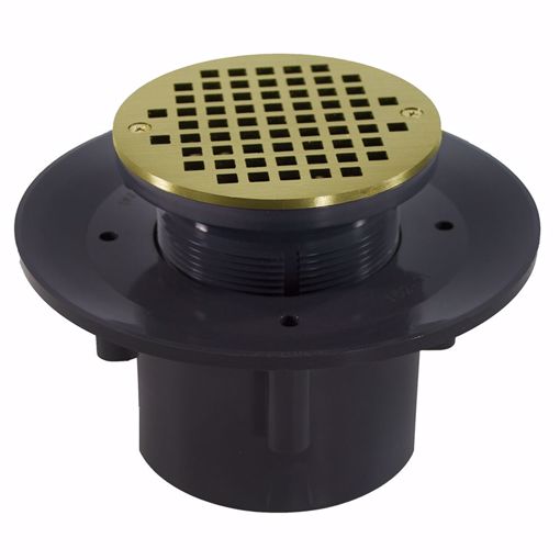 Picture of 4" Heavy Duty PVC Slab Drain Base with 3" Plastic Spud and 6" Polished Brass Strainer