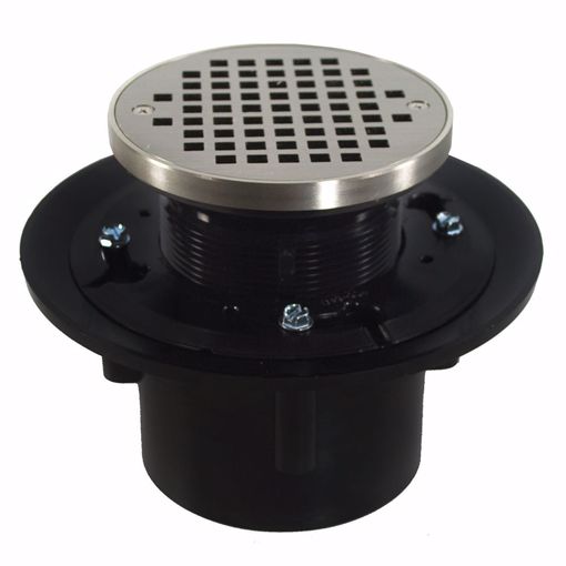 Picture of 4" Heavy Duty ABS Slab Drain Base with 3" Plastic Spud and 6" Nickel Bronze Strainer with Ring