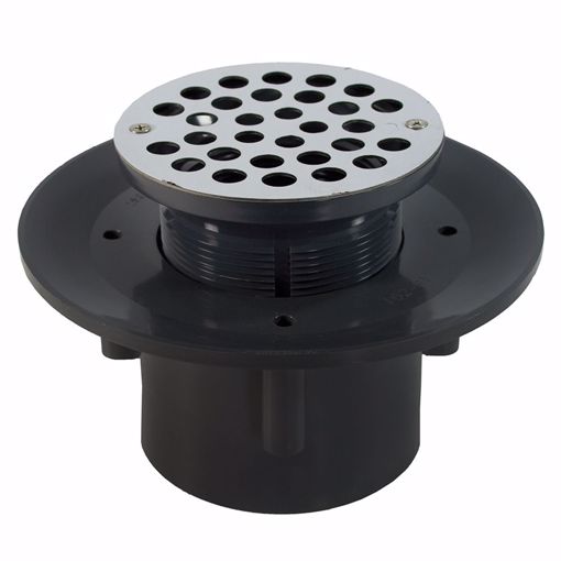 Picture of 4" Heavy Duty PVC Slab Drain Base with 3-1/2" Plastic Spud and 5" Stainless Steel Strainer