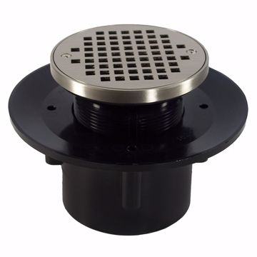 Picture of 4" Heavy Duty ABS Slab Drain Base with 3-1/2" Plastic Spud and 5" Nickel Bronze Strainer with Ring
