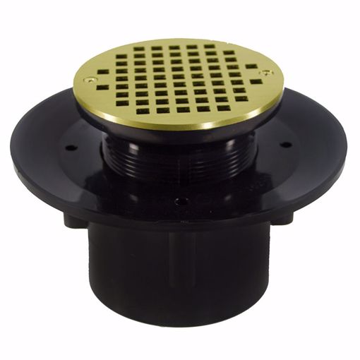 Picture of 4" Heavy Duty ABS Slab Drain Base with 3-1/2" Plastic Spud and 6" Polished Brass Strainer