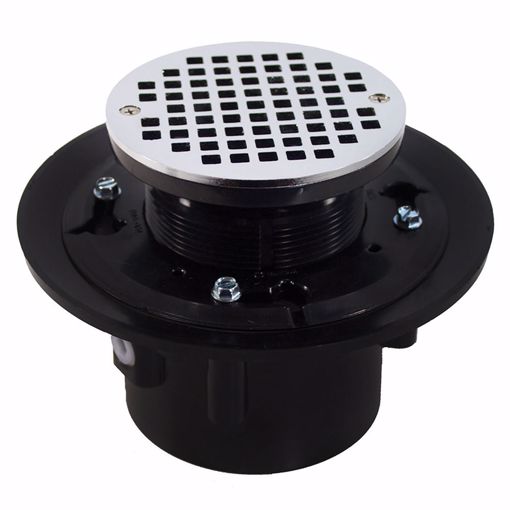 Picture of 4" Heavy Duty ABS Slab Drain Base with 3-1/2" Plastic Spud and 6" Chrome Plated Strainer