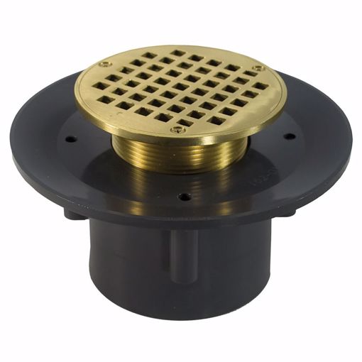 Picture of 4" Heavy Duty PVC Slab Drain Base with 3-1/2" Metal Spud and 4" Polished Brass Strainer