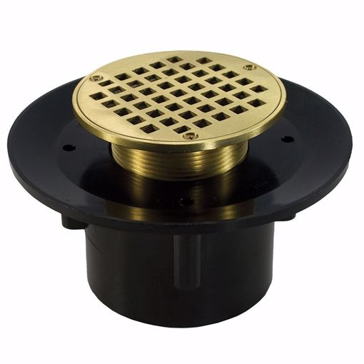 Picture of 4" Heavy Duty ABS Slab Drain Base with 3-1/2" Metal Spud and 5" Polished Brass Strainer
