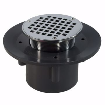 Picture of 4" Heavy Duty PVC Slab Drain Base with 3-1/2" Metal Spud and 5" Chrome Plated Strainer