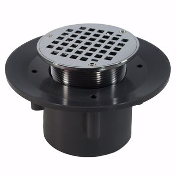 Picture of 4" Heavy Duty PVC Slab Drain Base with 3-1/2" Metal Spud and 6" Chrome Plated Strainer