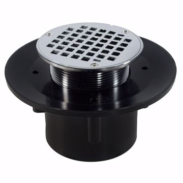Picture of 4" Heavy Duty ABS Slab Drain Base with 3-1/2" Metal Spud and 6" Chrome Plated Strainer