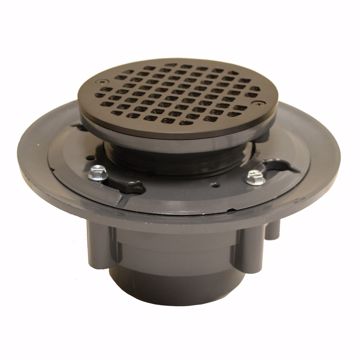 Picture of 3" x 4" Heavy Duty PVC Shower Drain with 3-1/2" PVC Spud and 5" Round Oil Rubbed Bronze Strainer