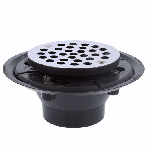 Picture of 2" x 3" PVC Shower Drain with 2" PVC Spud and 4-1/4" Round Stainless Steel Strainer