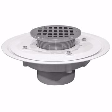 Picture of 3" Heavy Duty PVC Drain Base with 3-1/2" Metal Spud and 5" Polished Brass Strainer