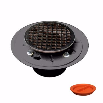 Picture of 2" x 3" PVC Shower Drain with 2" PVC Spud and 4" Round Oil Rubbed Bronze Strainer with Test Plug