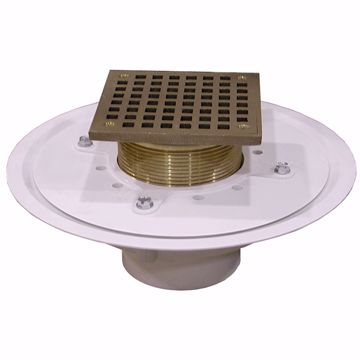 Picture of 4" Heavy Duty PVC Drain Base with 3-1/2" Metal Spud and 6" Polished Brass Strainer