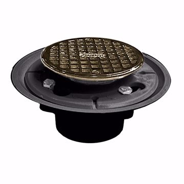 Picture of 2" x 3" PVC Shower Drain with 2" Brass Spud and 4" Round Polished Brass Strainer