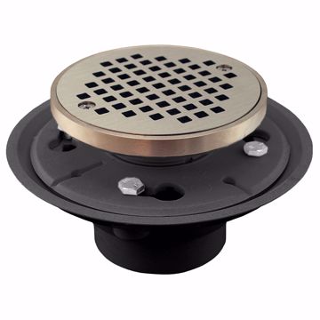 Picture of 2" x 3" PVC Shower Drain with 2" Metal Spud and 4" Round Nickel Bronze Cast Strainer with Ring