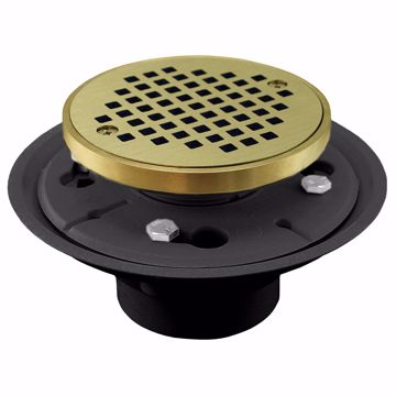 Picture of 2" x 3" PVC Shower Drain with 2" Metal Spud and 4" Round Polished Brass Cast Strainer with Grout Ring