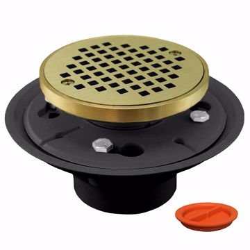 Picture of 2" x 3" PVC Shower Drain with 2" Metal Spud and 4" Round Polished Brass Cast Strainer with Grout Ring and Test Plug