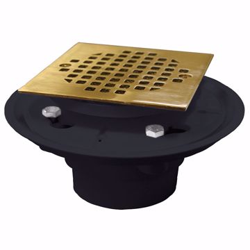 Picture of 2" x 3" PVC Shower Drain with 2" Brass Spud and 4" Square Polished Brass Strainer