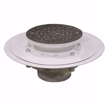 Picture of 3" Heavy Duty PVC Drain Base with 4" Plastic Spud and and 6" Stainless Steel Strainer