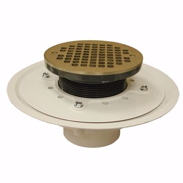 Picture of 3" Heavy Duty PVC Drain Base with 4" Plastic Spud and and 6" Nickel Bronze Strainer