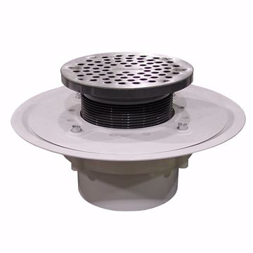 Picture of 4" Heavy Duty PVC Drain Base with 4" Plastic Spud and 6" Stainless Steel Strainer